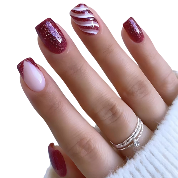 Kerst kunstnagels voor thuis manicure 24 stuks Vierkante vorm Winter decoratief ontwerp geïnspireerd op de feestelijke sfeer 1
