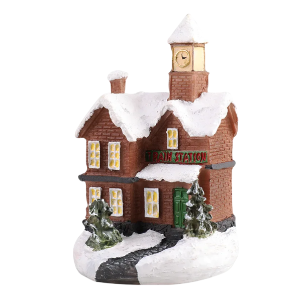 Kerstdecoratie Twee verdiepingen bakstenen huis met interne LED verlichting Doorzichtige muren Hars miniatuur op 3× AG13 batterijen 1