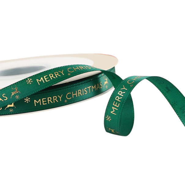 Kerstdecoratieve lint 1 cm x 5 meter met gouden opschrift Merry Christmas Veselé Vánoce voor cadeauverpakking en feestdecoratie groen