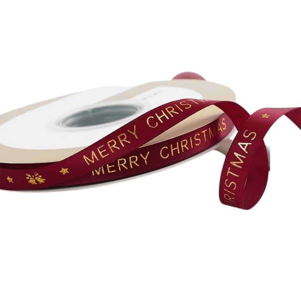 Kerstdecoratieve lint 1 cm x 5 meter wijnrood met gouden opschrift Merry Christmas, Vrolijk Kerstfeest, voor cadeauverpakkingen en feestdecoraties wijnrood