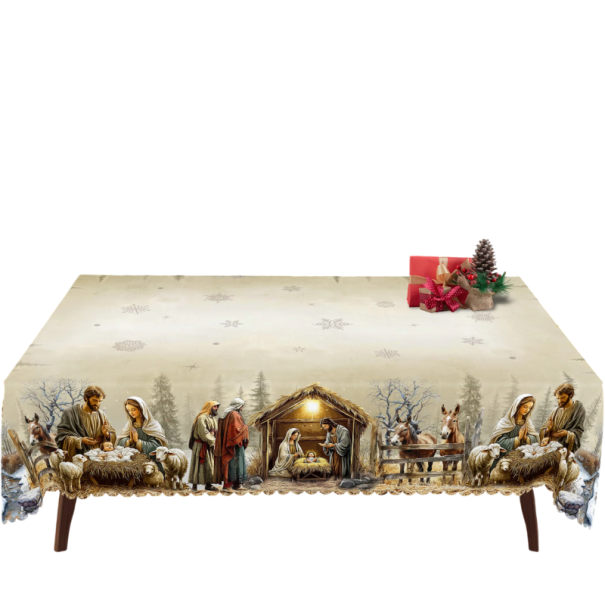 Kersttafelkleed met een kerststalmotief 152 × 220 cm Rechthoekig beige tafelkleed voor de kersttafel Decoratie voor feestelijk dineren en thuisfeesten 1
