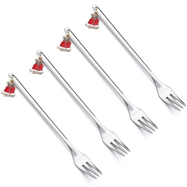 Kerstvorkjes met belletjes 4 stuks zilver