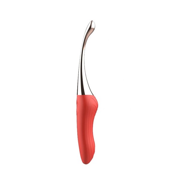 Kétoldalas vibrátor 17,5x2,5 cm, két különböző véggel és ergonomikus recézett nyéllel, diszkrét csomagolás piros