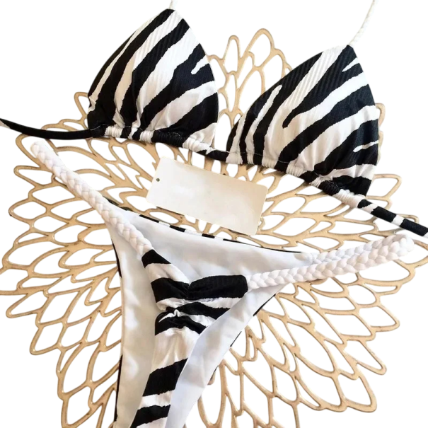 Kétrészes női bikini zebra mintás háromszög melltartó tangával bugyi kötött zsinóros nyári fürdőruha strandra és úszásra L