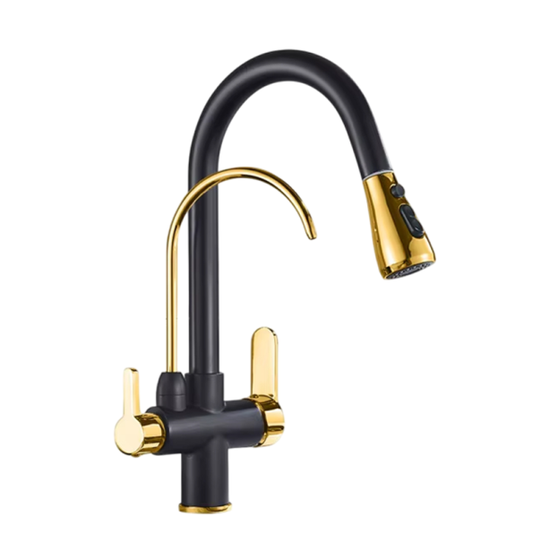 Keukenmengkraan 360° draaibare filterkraan tweekleurig met uittrekbare uitloop 3 manieren van mengen van warm en koud water 34x11,5 cm goud