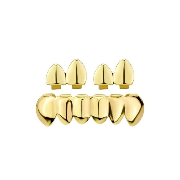 Kiiltävä hammasgrilli 38x11 mm ja 15x10 mm hiphop-lisävaruste, kulta, hopea, ylä- ja alahampaat, miehille ja naisille, cosplay kultainen