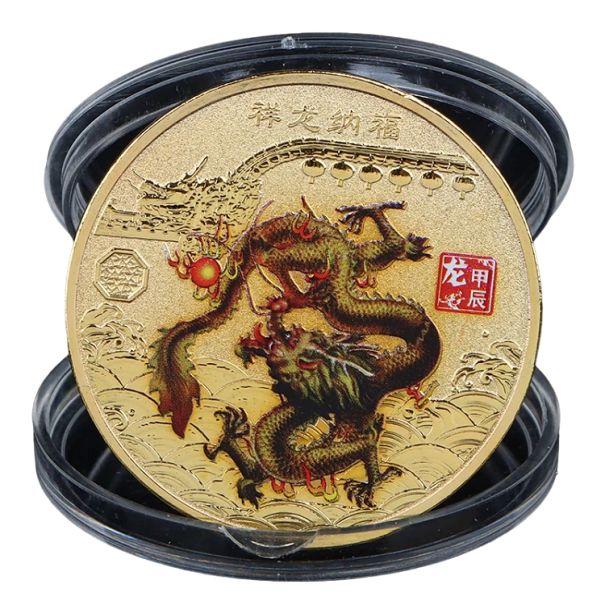 Kínai sárkány emlékérme 4 cm-es kínai zodiákus sárkány gyűjthető érme, festett aranyozott kínai sárkány érme A sárkány éve érme átlátszó borítóval 1