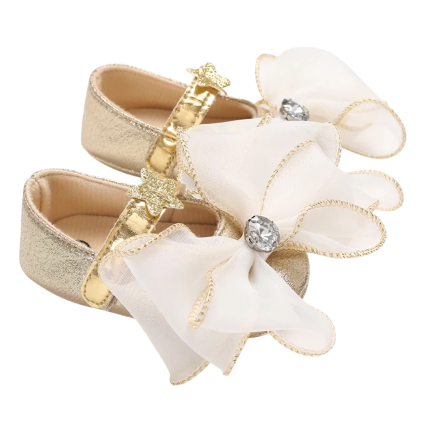 Kinder Ballerinas mit Organza-Schleife und Stein Dekorative Sternchen auf dem Riemen PU Leder und Baumwolle Goldene Mädchen Festschuhe für Hochzeiten 0-6 Monate