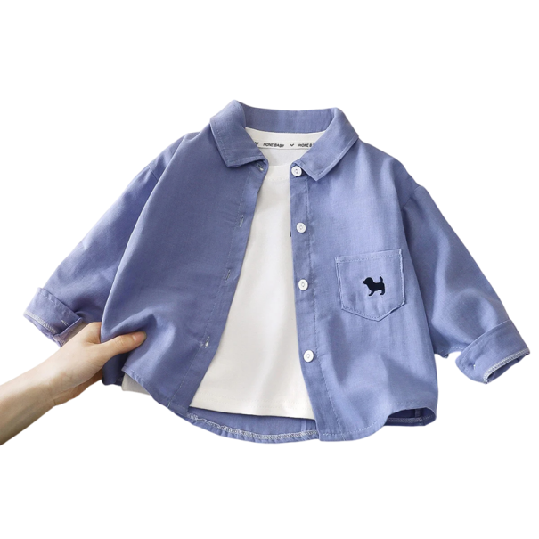Kinder Baumwollhemd mit langen Ärmeln und Kragen Tasche mit Stickerei eines Hundes Unisex Hemd für Mädchen und Jungen Lockere Passform blau 3