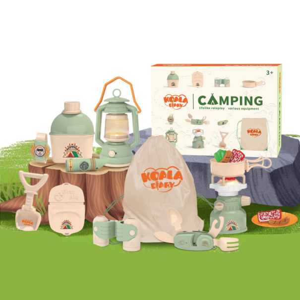 Kinder Camping Spielzeugset 25 Teile, Outdoor Entdeckerset mit Laterne, Fernglas und Uhr, grün, Geschenk für Kinder