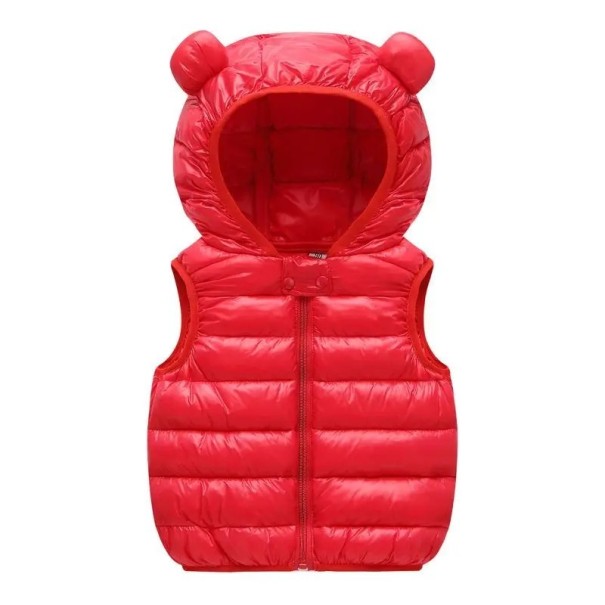Kinder Daunenweste mit Kapuze und Ohren 6M–4Y Warme Winter Baumwollweste mit Reißverschluss Einfarbige Oberbekleidung für Jungen und Mädchen Herbst- und Winterstil rot 9-12 Monate