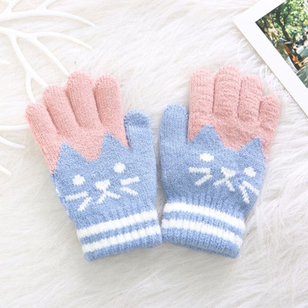 Kinder-Fingerhandschuhe mit Katze hellblau