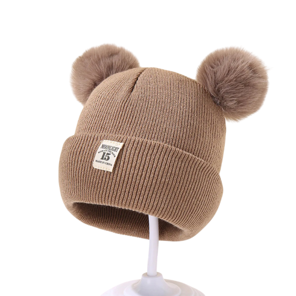 Kinder gestrickte Wintermütze 16 x 16 cm 0–3 Jahre Akryl warme Mütze mit Pompons Weiche Wintermütze braun