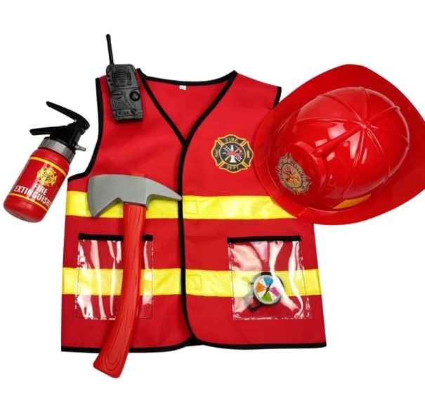 Kinder-Halloween-Kostüm für Jungen, Kinder-Feuerwehrweste mit Helm, Funkgerät, Axt und Feuerlöscher, Feuerwehrmann-Kostüm für Kinder von 3–12 Jahren 1