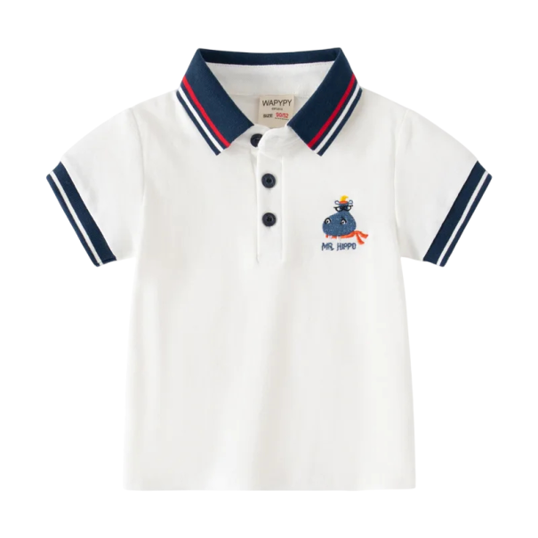 Kinder jongens polo met kraag en hippo motief Korte mouwen Witte katoenen shirt met knopen tot de helft Comfortabele zomerkleding 2