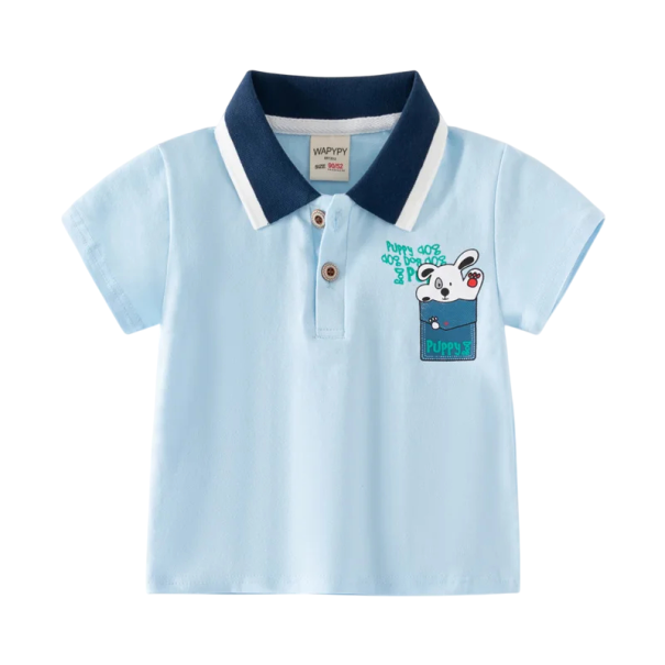 Kinder Jungen Poloshirt mit Kragen und Welpenmotiv Kurze Ärmel Blaues Baumwollshirt mit Knöpfen bis zur Mitte Bequeme Sommerbekleidung 5