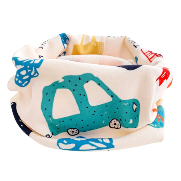 Kinder-Kreisschal 30 x 22 cm Baumwolle Über den Kopf Weiß mit Autos Motiv Weiches, bequemes Accessoire für Jungen und Mädchen Warmer, elastischer Schal für den täglichen Gebrauch 1