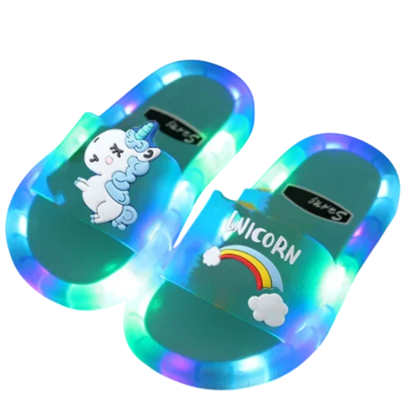 Kinder Leuchtpantoffeln mit Einhorn- und Regenbogenmotiv Bunte Hausschuhe Leuchtsohle Bequeme Hausschuhe Süßes Design blau 34-35
