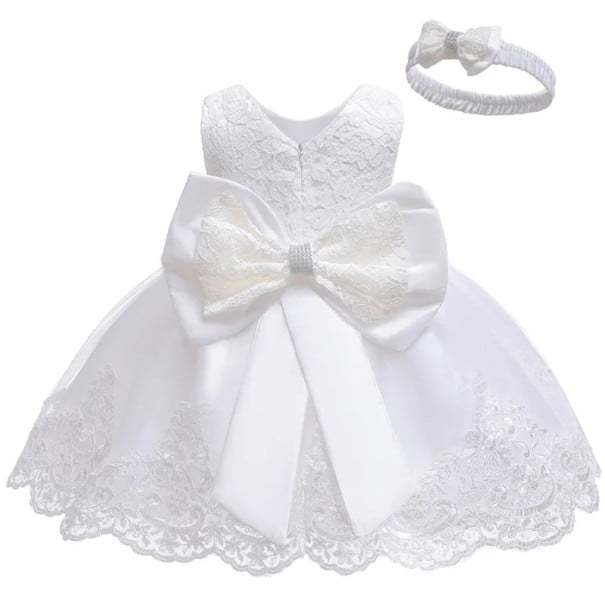 Kinder Mädchen Festkleid mit Trägern und großer Schleife, Spitze, Tüllrock und Haarband mit Rückenverschluss für Taufen und Fotoshootings weiß 1-3 Monate