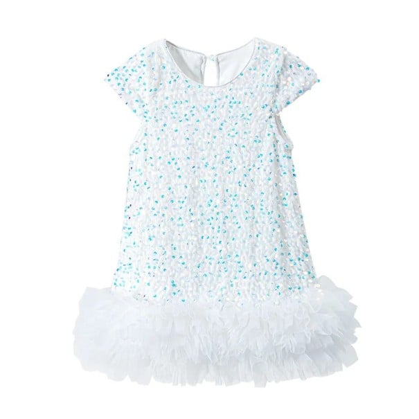 Kinder Mädchen Pailletten Kleid mit kurzen Ärmeln, dekorativem Tüllsaum und rundem Ausschnitt weiß 2