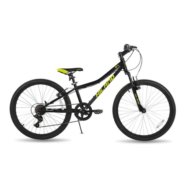 Kinder-Mountainbike mit Federung und Mehrgangschaltung, 24 Zoll, Metallrahmen und Felgenbremsen, für Jungen und Mädchen ab 7 Jahren schwarz