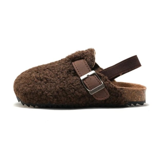 Kinder-Plüsch-Sandalen mit elastischem Riemen auf der Rückseite, Kork-Hausschuhe mit Kunstfell, bequeme Schuhe für Kinder zu Hause braun 30