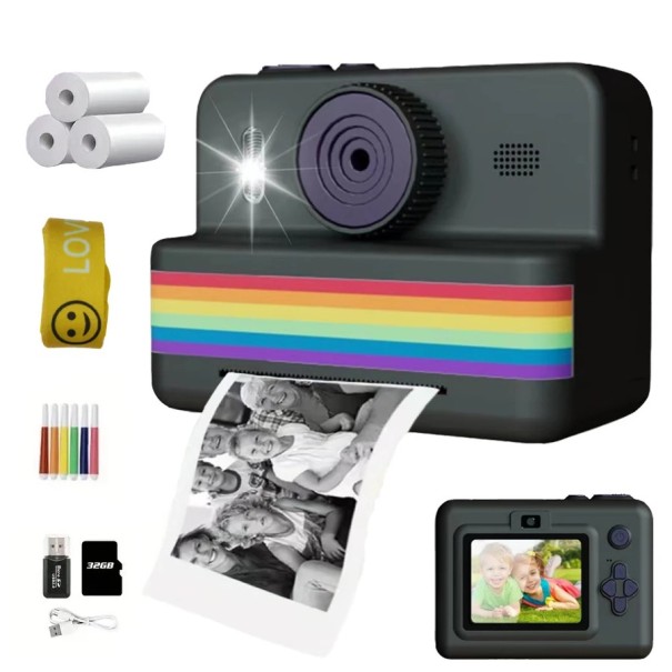 Kinder-Polaroid mit Schwarzweiß-Druck von Fotos und 2,8-Zoll-Display mit 32-GB-Karte und Lithium-Polymer-Batterie zum Aufladen über USB schwarz