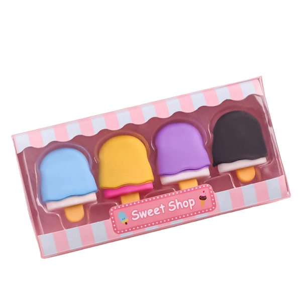 Kinder-Radiergummi-Set in Eis am Stiel-Form, 4-teilig, bunte Radiergummi-Eis am Stiel für Kinder, Set mit Radiergummi-Werkzeugen in einer Box, Eis am Stiel-Radiergummi, Radiergummi im 4er-Set, 3 x 2,5 cm 1