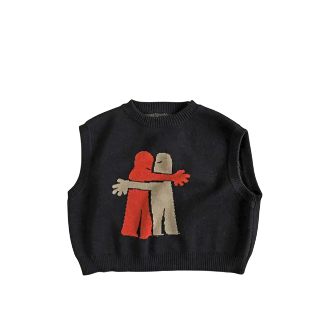 Kinder Strickweste 12 Monate bis 6 Jahre Baumwollpullover ohne Ärmel Schwarz mit zwei sich umarmenden Figuren Niedliche Frühlings- und Herbstweste 3