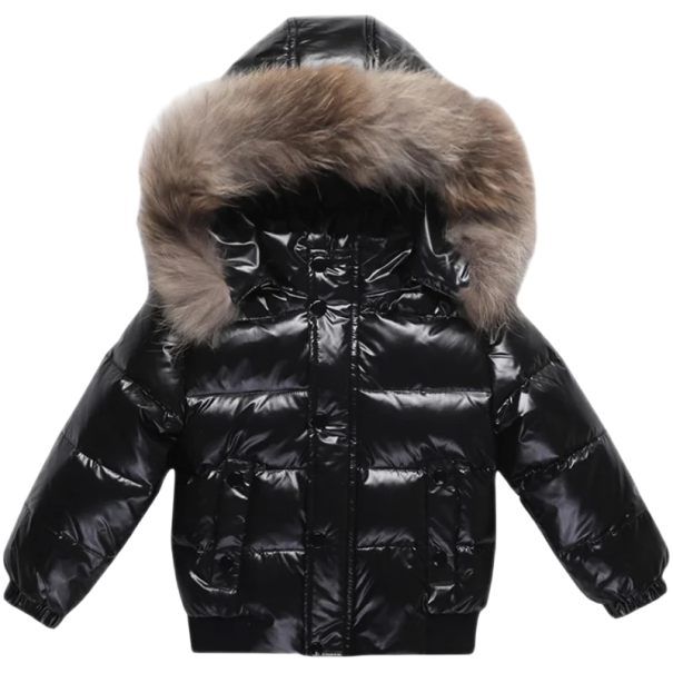 Kinder Winter Daunenjacke 90% weiße Entendaunen Glänzende Unisex Jacke mit Kapuze und Fellbesatz Reißverschluss Druckknöpfe und Taschen schwarz 8