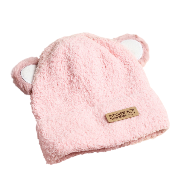 Kinder Winter Plüschmütze mit Bärenohren Umfang 46–50 cm 1–3 Jahre Baumwoll Teddy Mütze Warme Mütze rosa