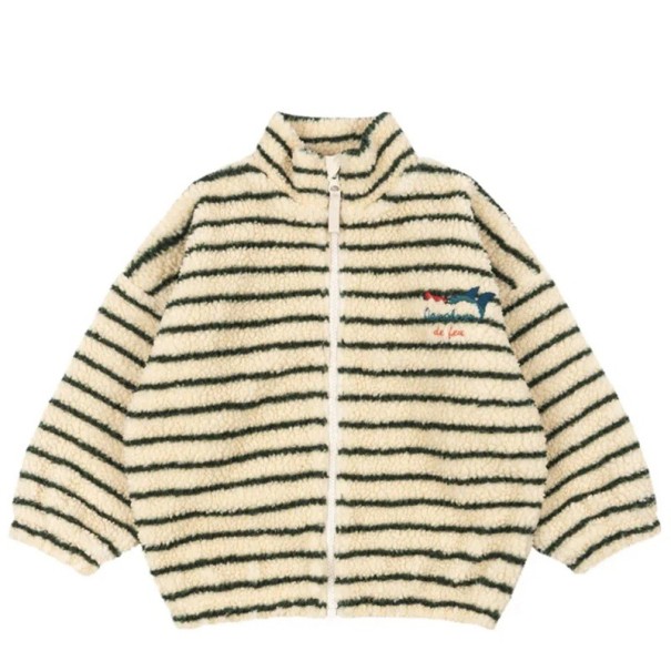 Kinder Winterjacke gelb mit Streifen Plüsch Baumwoll-Polyester Jacke mit Reißverschluss und hohem Kragen Warmer bequemer Wintermantel 2