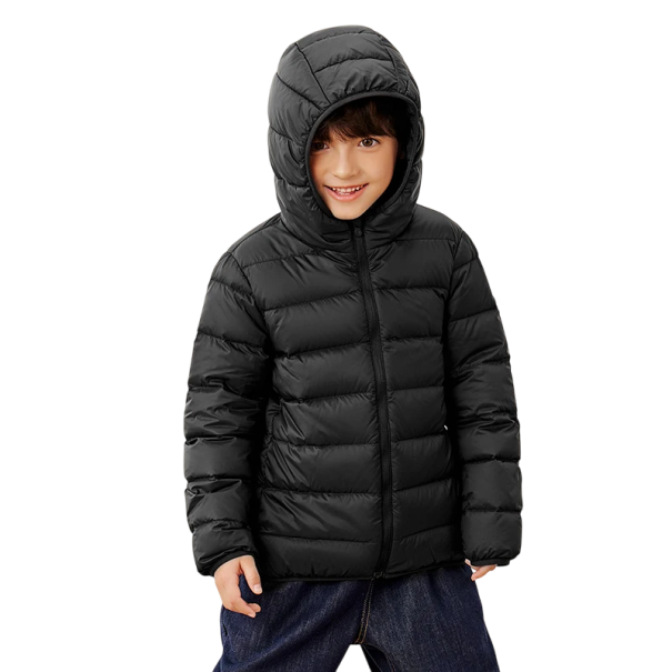 Kinder Winterjacke mit Kapuze Reißverschluss Geräumige Taschen Einfarbiges Nylonmaterial Leichte strapazierfähige Jacke für kaltes Wetter schwarz 8