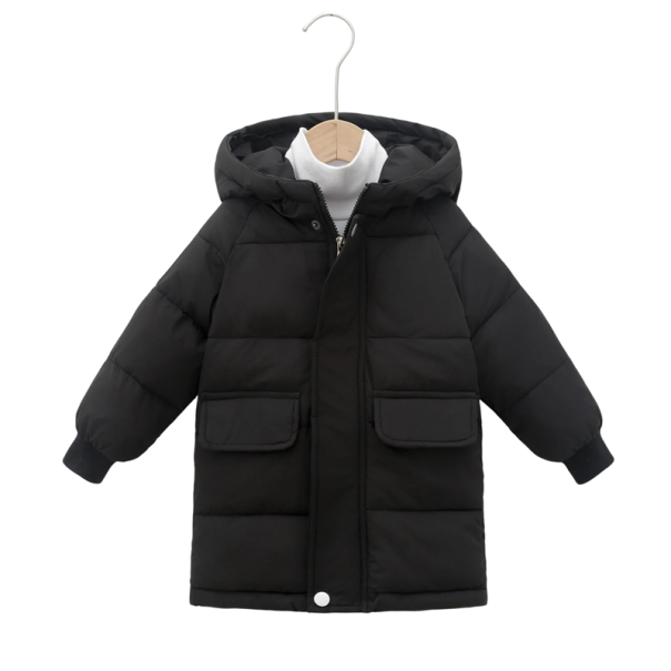Kinder Winterjacke mit Reißverschluss und Kapuze, warme Baumwoll- und Polyesterjacke für Jungen und Mädchen bei kaltem Winterwetter schwarz 6