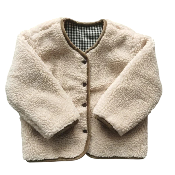 Kinder Winterjacke Wendbar Patente Taschen Plüsch auf einer Seite Karierte andere Seite Warmer Polyester Wintermantel beige 6-12 Monate