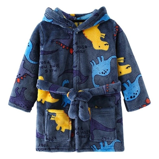 Kinderbademantel Unisex Plüsch mit Kordelzug Polyester Dunkelblau mit Dinosauriern Wärmender weicher Bademantel für Kinder 8