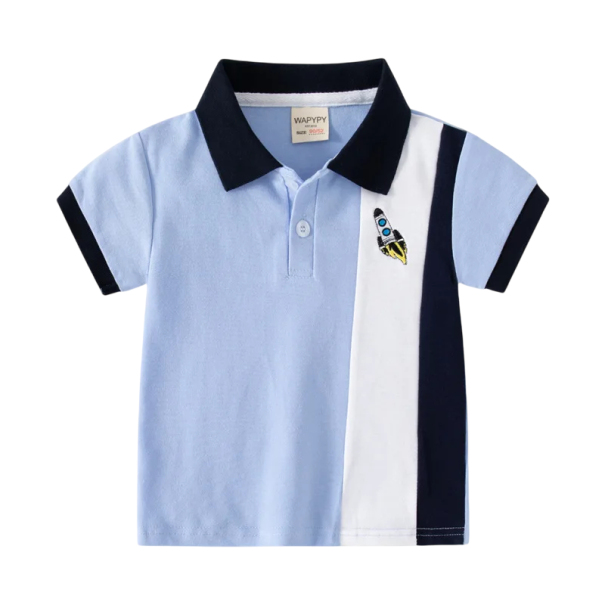 Kinderen jongens polo met kraag en raketmotief Korte mouwen Katoenen T-shirt met gekleurde strepen en knopen tot halverwege Verschillende kleuren blauw 1-2 jaar