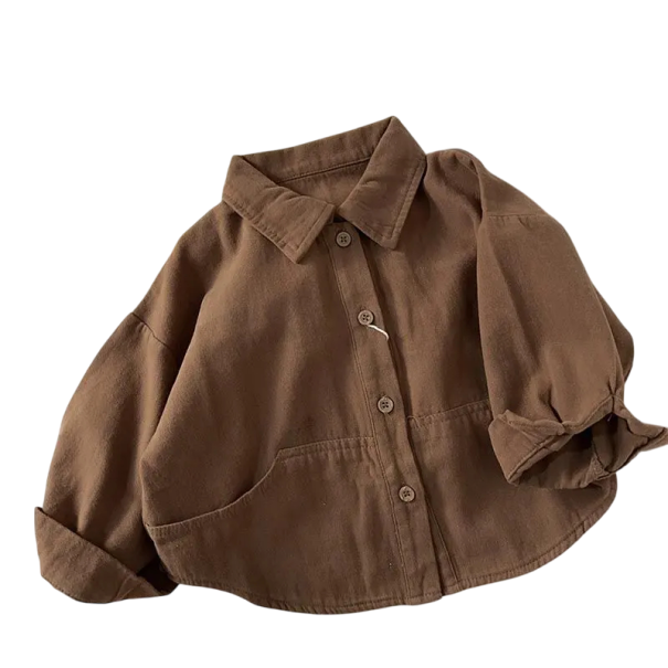 Kinderen Koreaanse T-shirt met Lange Mouwen Katoen Polyester Lente Herfst 2024 Effen Top met Kraag en Zakjes Stijlvolle Cardigan met Knopen bruin 4