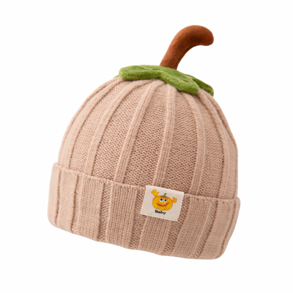Kinderen winter gebreide pompoen muts Omvang 42–50 cm 6 maanden–3 jaar Acryl muts met 3D steeltje en bladeren beige