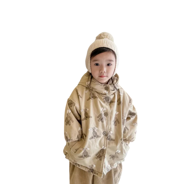 Kinderen winterjas met capuchon Knopen sluiting Zakken Warme katoenen jas met konijnenmotieven Heerlijke winterjas voor kinderen beige 6