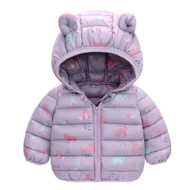 Kinderen winterjas met capuchon Rits- en drukknoopsluiting Warme polyester jas met dierenafbeeldingen Warm comfortabele winterpasvorm paars 18-24 maanden