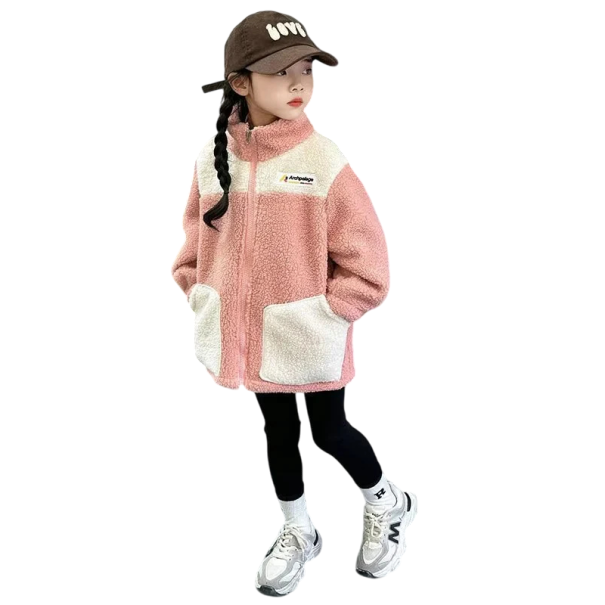 Kinderen winterjas met hoge kraag Warme meisjesjas met rits en zakken Pluche winterjas van katoen en polyester voor comfort in de kou roze 3