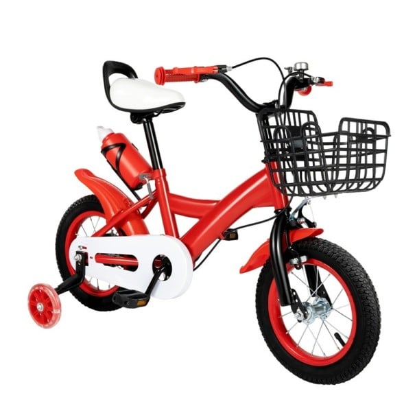 Kinderfahrrad mit verstellbarer Höhe und vornem Drahtkorb, 90 cm, Rahmen aus Kohlenstoffstahl, Stützräder, für Kinder von 2–4 Jahren rot