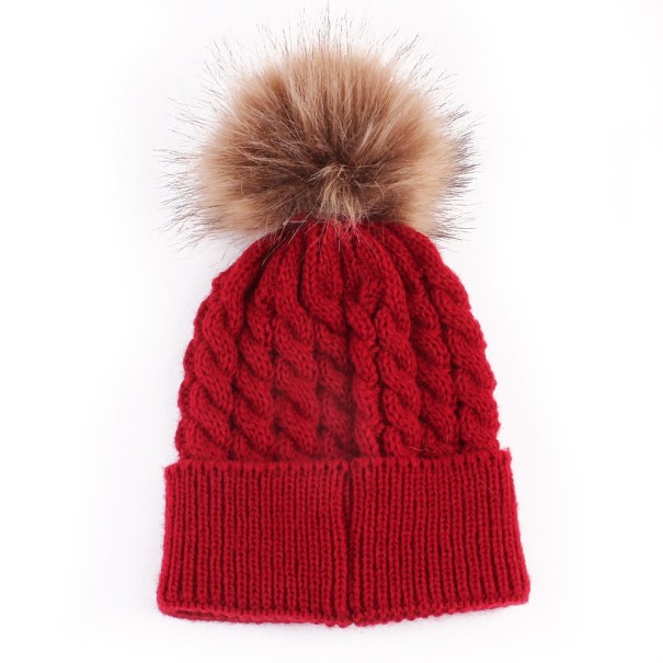 Kindergebreide muts met pompon J857 rood