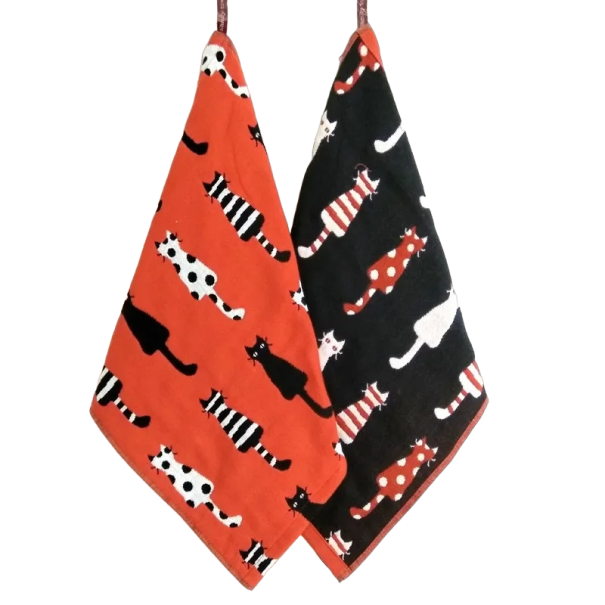 Kinderhanddoek met kattenprint Katoenen handdoek voor kinderen Omkeerbare handdoek voor kinderen met lus 35 x 40 cm rood