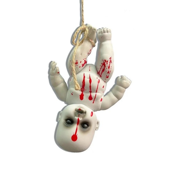 Kinderhangpop Horrorpop om op te hangen Halloweendecoratie Vervloekte pop Spookachtige pop Binnen- en buiten Halloweendecoratie 20 x 13 cm 1