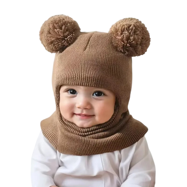 Kinderhaube mit Halswärmer 1-3 Jahre 44-50 cm Pompon Acryl Winter Strickhaube für Kleinkinder braun