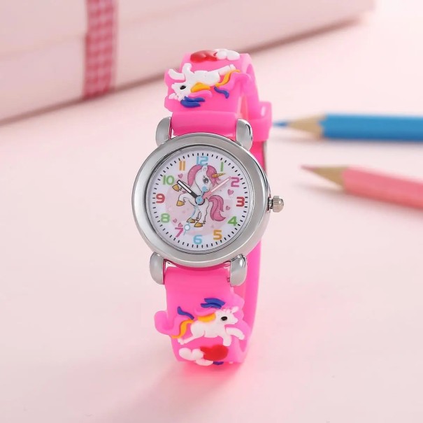 Kinderhorloge Eenhoorn Kleurrijk Polshorloge voor Kinderen met Wijzers Quartz Horloge met Ronde Wijzerplaat PU Band 29 mm donkerroze
