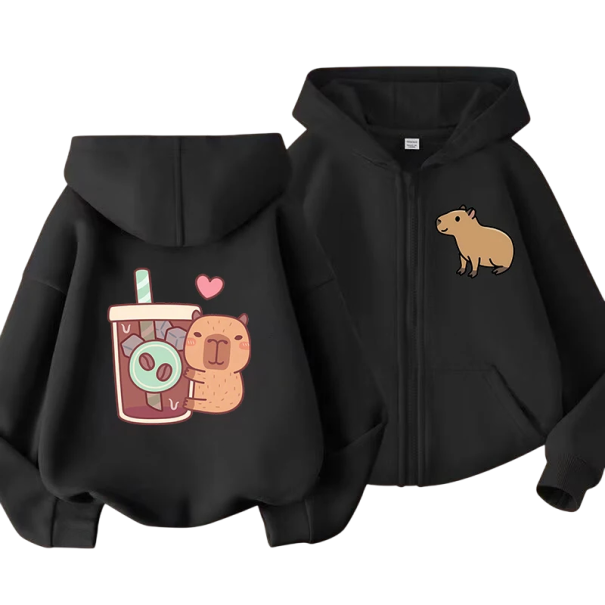 Kinderjacke mit Kapuze und Reißverschluss Kawaii Kapybara Motiv Polyester Einfarbige Jacke mit Taschen Manga Stil für Jungen und Mädchen Verschiedene Farben schwarz 4