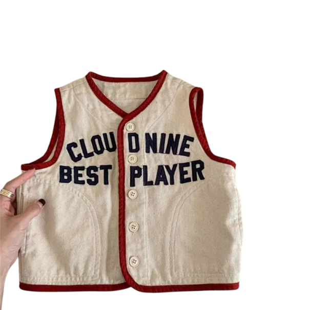 Kinderjeansweste Frühling und Herbst Baumwollweste für Jungen und Mädchen Mit dem Aufdruck Cloud Nine Best Player Bunte Weste mit Knöpfen aus Polyester beige 12-18 Monate